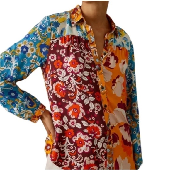 Maeve Anthropologie Contrast Print Buttondown Long Sleeve Blouse NWT size XXS - Picture 9 of 14